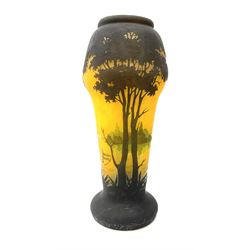 Reproduction Daum Nancy art nouveau style overlay and cut glass vase  decorated with woodland and a lake scene on a yellow ground, H35cm. 