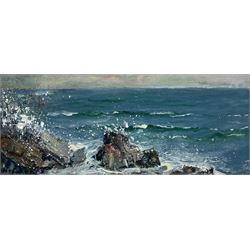 Rupert Aker (British Contemporary): Seascape, mixed media on canvas laid on board signed 19cm x 45cm