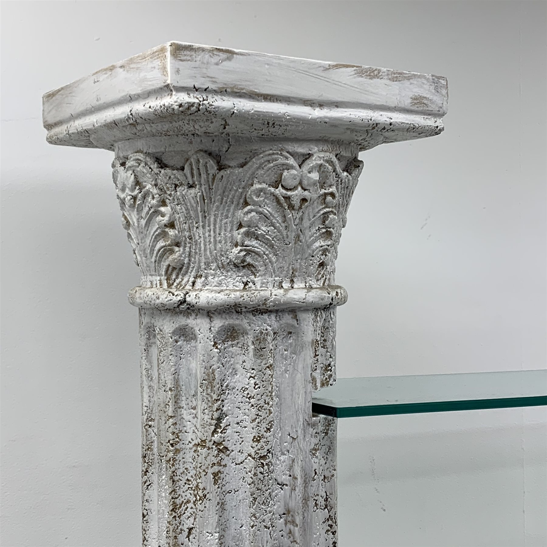 Architectural four shelf glass shelving unit supported by two Corinthian columns, W205cm, H179cm, D30cm