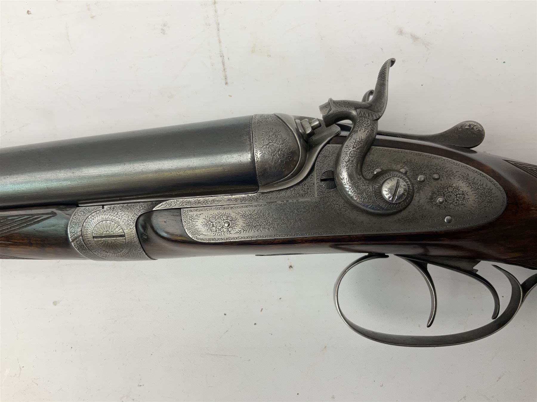19th century Purdey 12-bore side-by-side double barrel black powder hammer gun, 76cm cylinder bored un-choked barrels with 2.5