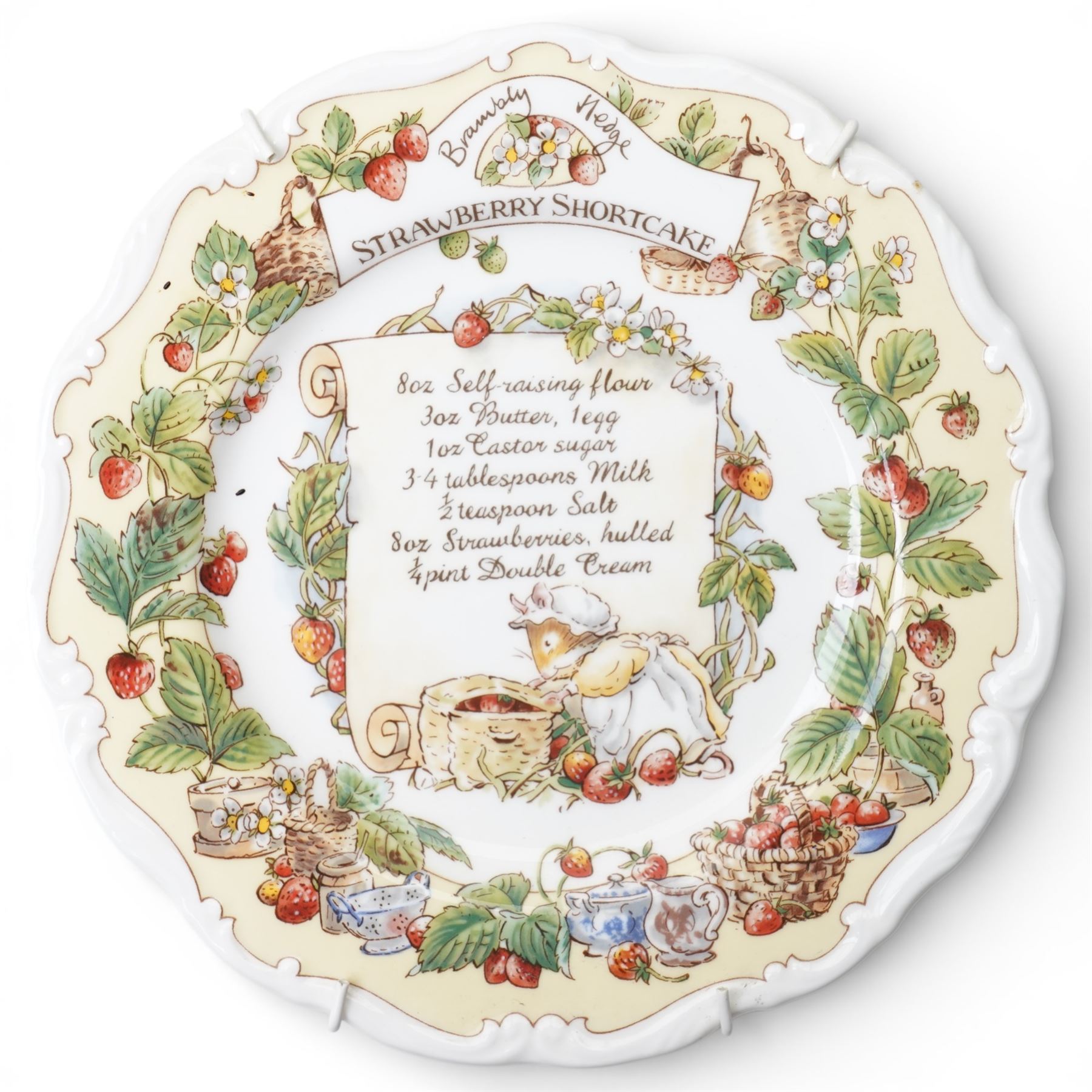 Eight Royal Doulton Brambly Hedge plates from the The Recipe Plate Collection, comprising 'Nettle Soup', 'Strawberry Shortcake', 'Mushroom Tart', 'Apple Pie', 'Elderflower Wine', 'Crystallized Violets', 'Blackberry Sorbet' and 'Honey & Nut Biscuits' (8)
