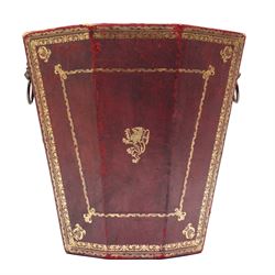 Regency style burgundy leather waste paper bucket of tapering octagonal form with gilt-tooled borders, sides fitted with lion mask ring handles, interior lined with marbled paper, circa 1900
