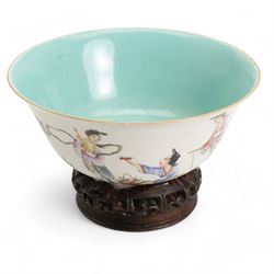 Chinese porcelain famille rose bowl, depicting female figures in a boat, one female seated offering a Lingzhi and a seated female holding out a Ruyi sceptre, against a Anhua ground, the interior with turquoise glaze, red Jiaqing (1796-1820) seal mark beneath, on hardwood stand, D17cm 