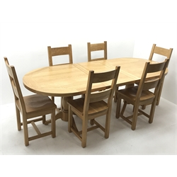 Oak dining table, oval extending top with foldout leaf, on twin turned pedestal base with shaped supports (H80cm, 240cm x 100cm (fully extended)) and set six high back dining chairs (seat width - 48cm)