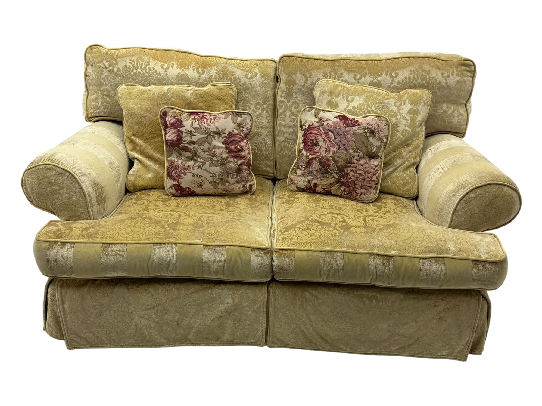 Contemporary two-seat sofa, upholstered in damask fabric with a pale gold floral pattern, rolled arms with covers, loose back and seat cushions, on matching skirted base with concealed castors