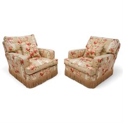 Edwardian design two-seat sofa (W165cm, H83cm, D106cm); and matching pair of armchairs (W80cm); upholstered in striped fabric decorated with floral bouquets and gold fridge