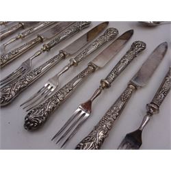 Set of 1930s silver handled fruit knives and forks, for six place settings, the handles decorated in relief with fruiting vines, hallmarked Walker & Hall, Sheffield 1934, together with a set of six 1920s silver egg spoons, with pin prick engraving to handle, hallmarked Thomas Bradbury & Sons Ltd, Sheffield 1929, in fitted case, three silver napkin rings, to include a pair, of octagonal form, with floral engraving, hallmarked John Rose, Birmingham 1951 and two silver souvenir spoons