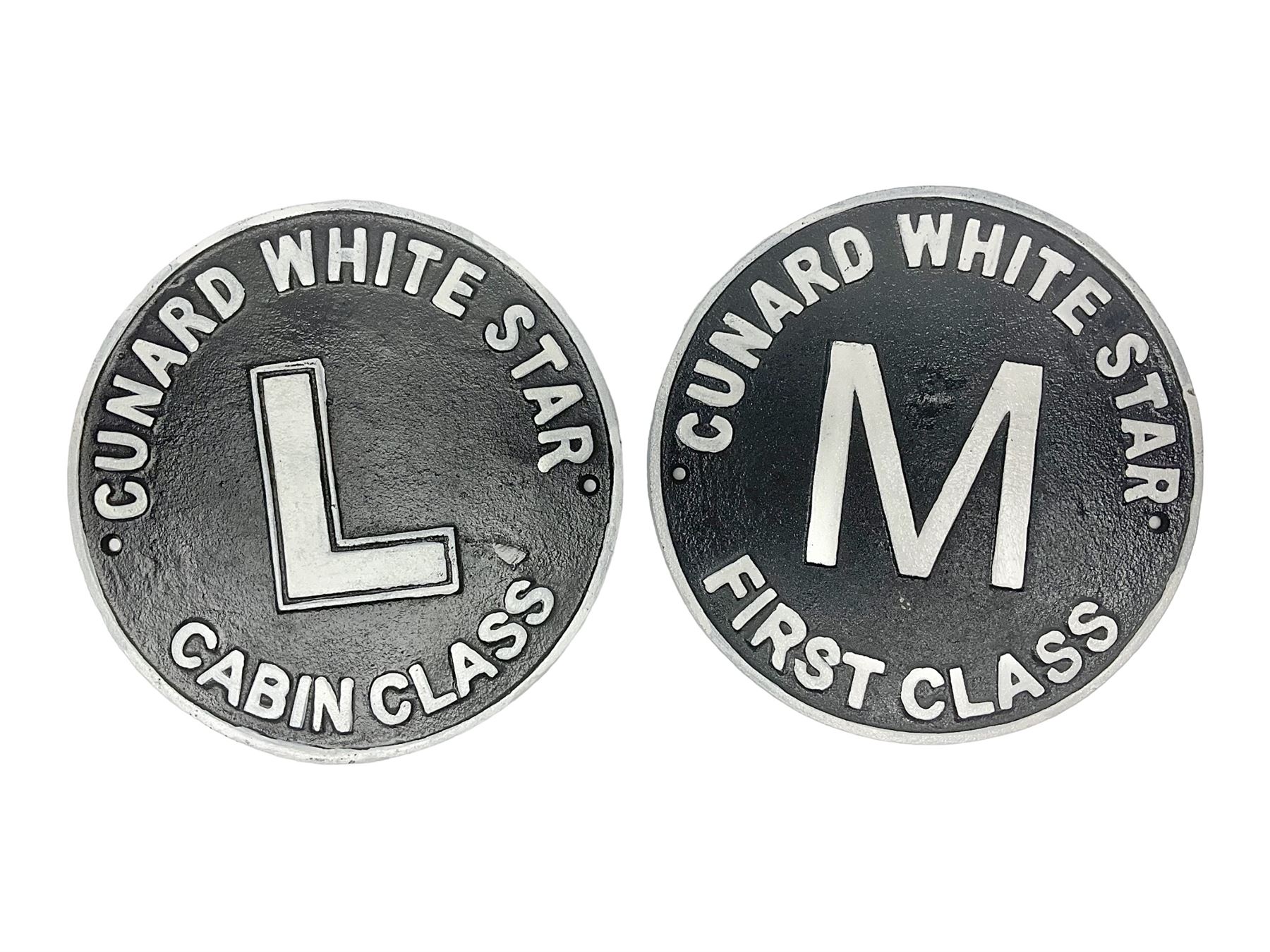 Pair of reproduction cast iron Cunard White Star signs, D25cm 