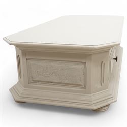 Light grey painted low coffee table, canted rectangular form fitted with two through drawers, on compressed bun feet