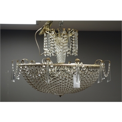  Gilt metal and glass chandelier, inverted dome form hung with strings of faceted glass drops & prisms between beaded swags, D62cm x H45cm    