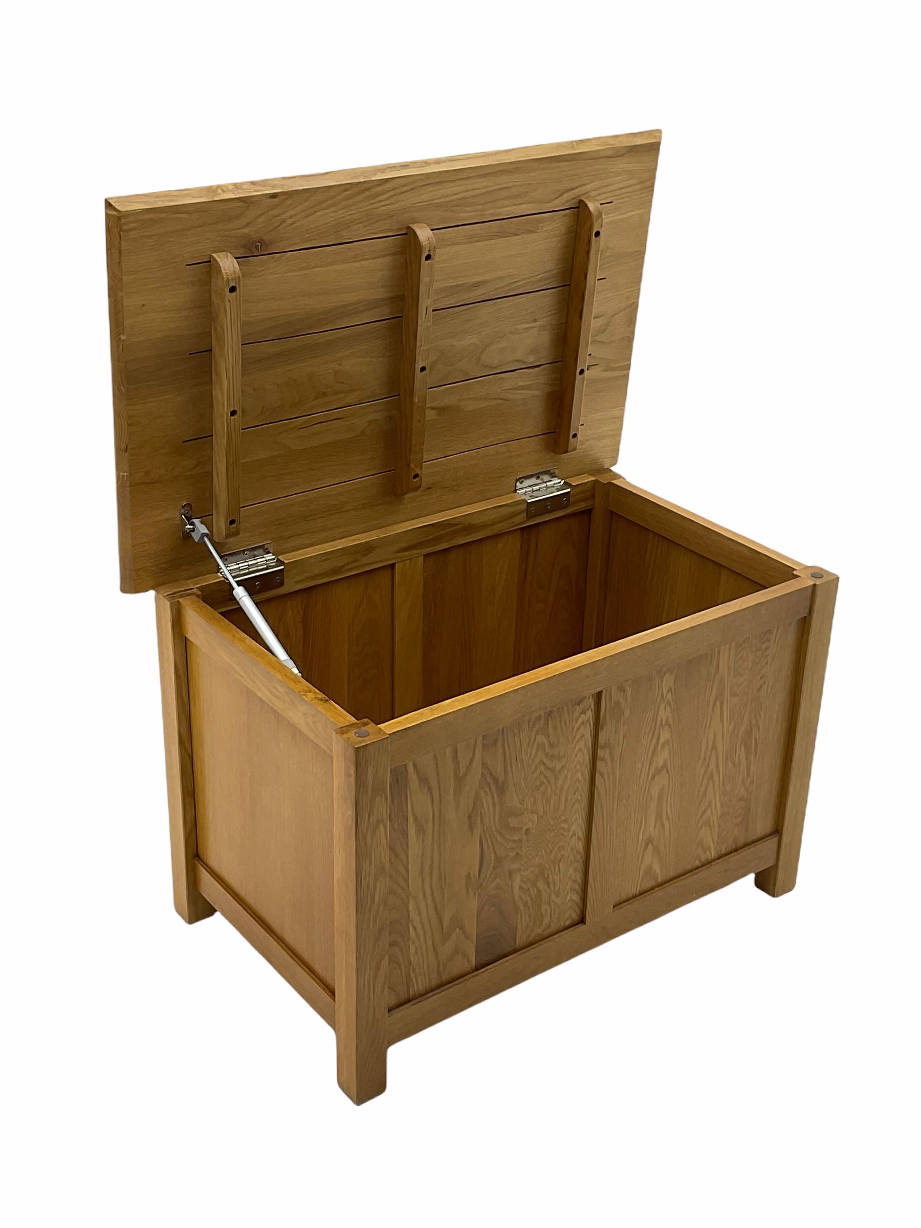 Oak blanket box, hinged lid and panelled front The Furnishings Sale