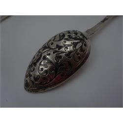 Late 19th century Russian silver Fiddle pattern niello work spoon, marked for 84 standard, Moscow, assayer Aleksander Vladislavovich Skovronsky, maker possibly Ivan Kuzmich Yashin, together with a Russian silver cake slice, marked with Kokoshnik mark, 84 standard, St Petersburg, maker Petr Chuksanov, and a pair of early 20th century silver sugar tongs, with shell bowls, hallmarked James Dixon & Sons Ltd, Sheffield 1913