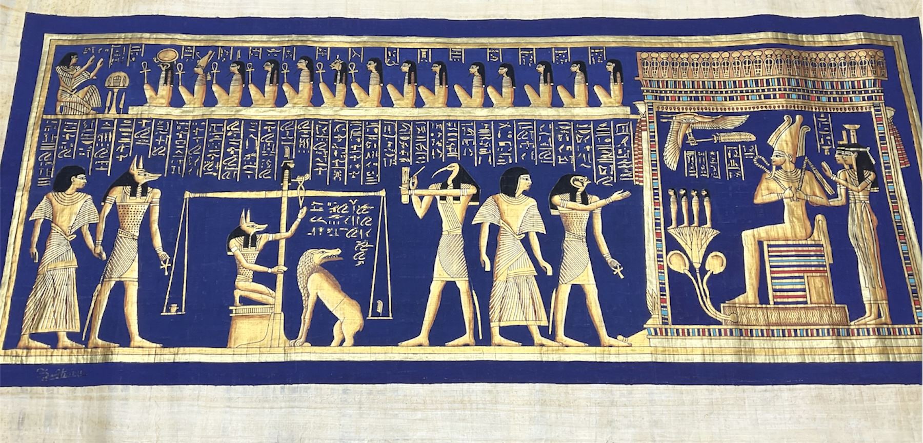 Egyptian School (20th century): Hymn to Nut and Judgement Day, two paintings on papyrus indistinctly signed max 58cm x 140cm (2) (unframed)