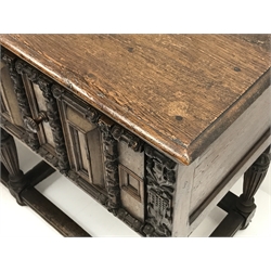  17th century style oak sideboard, three large drawers, heavily carved front, on tapering supports connected by stretchers, W203cm, H91cm, D56cm  