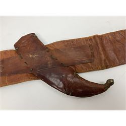 Late 19th century Yemeni Tuza jambiya as worn by religious elite, the 20.5cm curving blade with raised medial ridge, the horn hilt with pique style studwork, in a leather wrapped wooden scabbard with pierced metal mount and leather belt applied with embroidered 'gold' and 'silver' thread work panel; dagger L36cm overall, belt L84cm