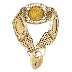 Three Queen Victoria gold full sovereign coins dated 1886, 1891 (Melbourne mint mark) and 1899, loose mounted in 9ct gold bracelet, with heart locket clasp