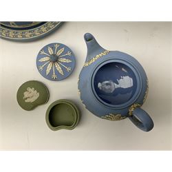 Late 19th century pale blue Wedgwood Jasperware cheese dome with cover, decorated with acorn and oak leaf bands surrounding neo-classical ladies, cherubs, flowers and trees, impressed Wedgwood mark beneath, together with further Wedgwood Jasperware teapots, boxed dishes etc