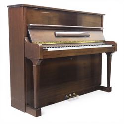 Bluthner of Leipzig upright piano, mahogany case with 88 keys and three brass pedals