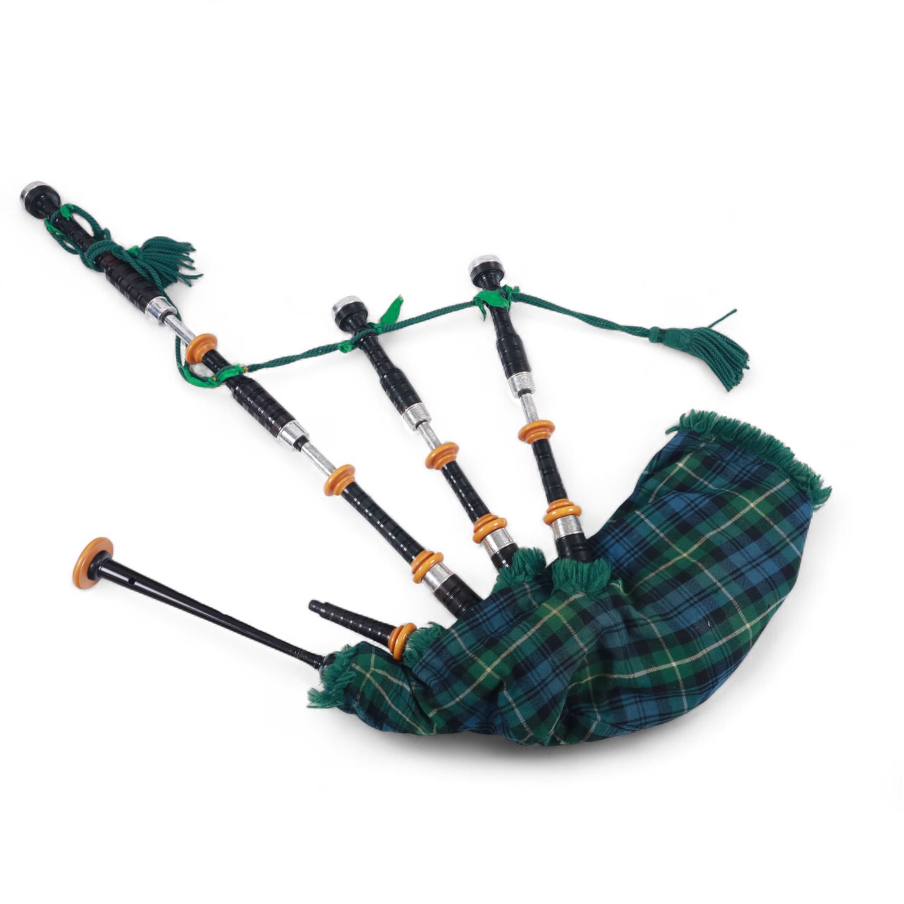 Set of late 20th century silver mounted bagpipes, the turned ebonised hardwood drone rods with Celtic knot and stipple engraved silver collars and ivorine mounts, hallmarked Bernie Leigh, Birmingham 1991, with R.G Hardie Glasgow plastic chanter and bag in green and blue Armstrong tartan, contained within a plush lined hard case, with a collection of spare reeds, drone rods, chanter, bags, cleaning accessories and other accessories 