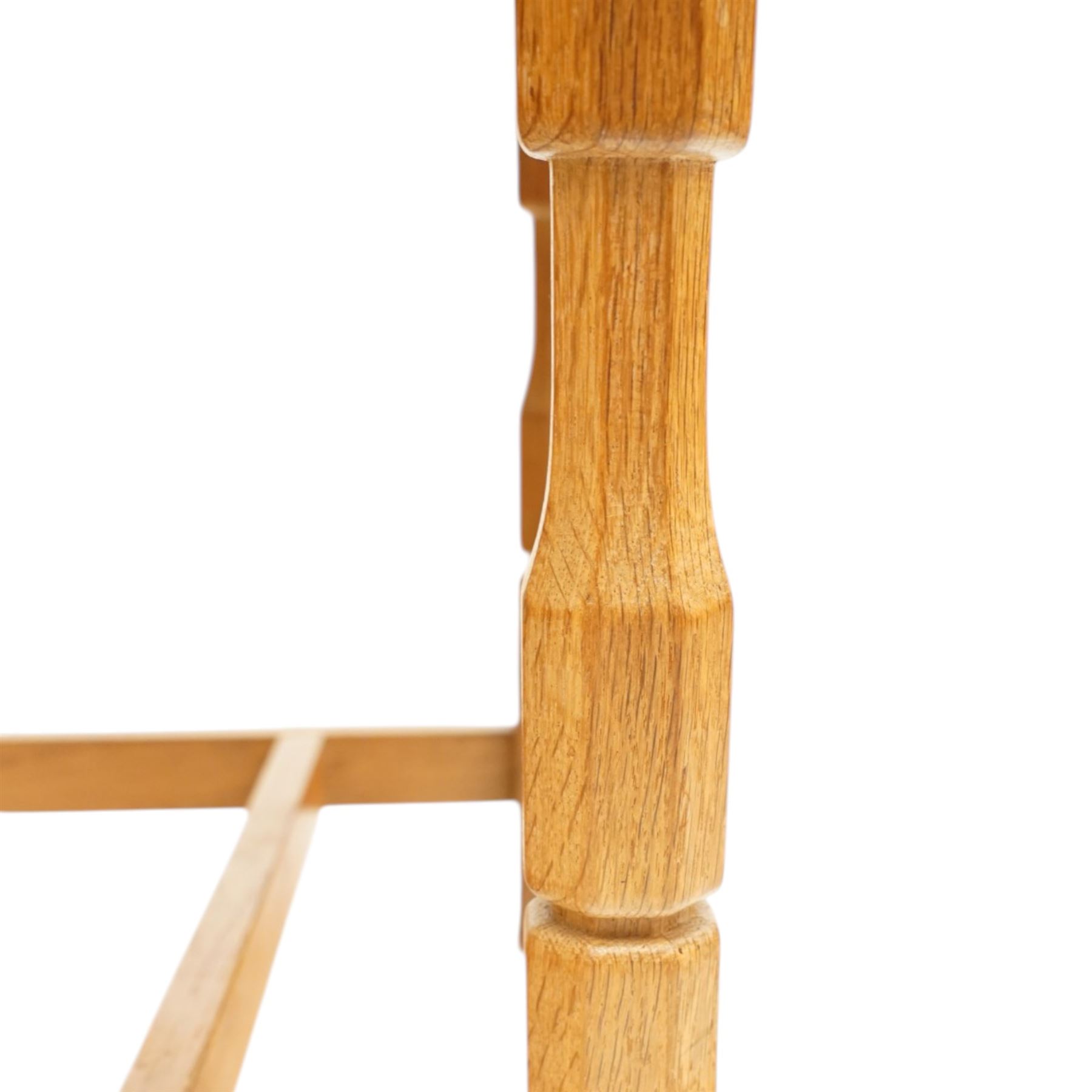 Beaverman - 1980s set of four lattice back dining chairs, shaped top rail above a lattice back, green leather fixed seat, raised on octagonal front supports, with carved Beaver to the back stretcher, by Colin Almack of Sutton near Thirsk