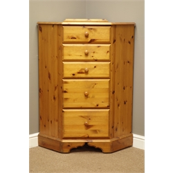  Pine corner chest, five graduating drawers, W88cm, H116cm  