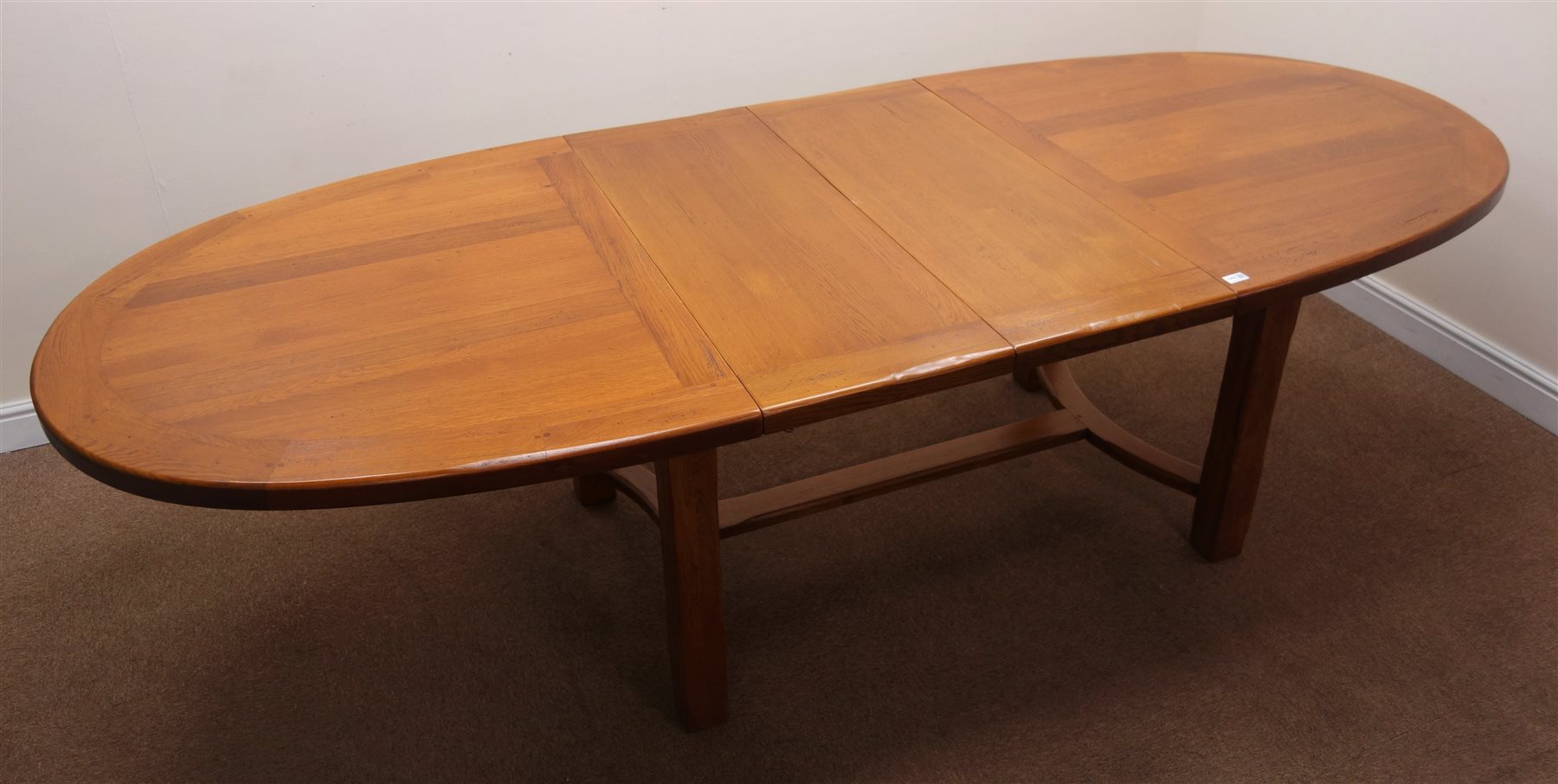 French solid oak oval extending dining table with two leaves, square