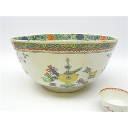  Large 18th century Chinese Export Famille Verte punch bowl, decorated in polychrome enamels with precious objects and flowers, D30cm and 18th century Famille Rose porcelain tea bowl   
