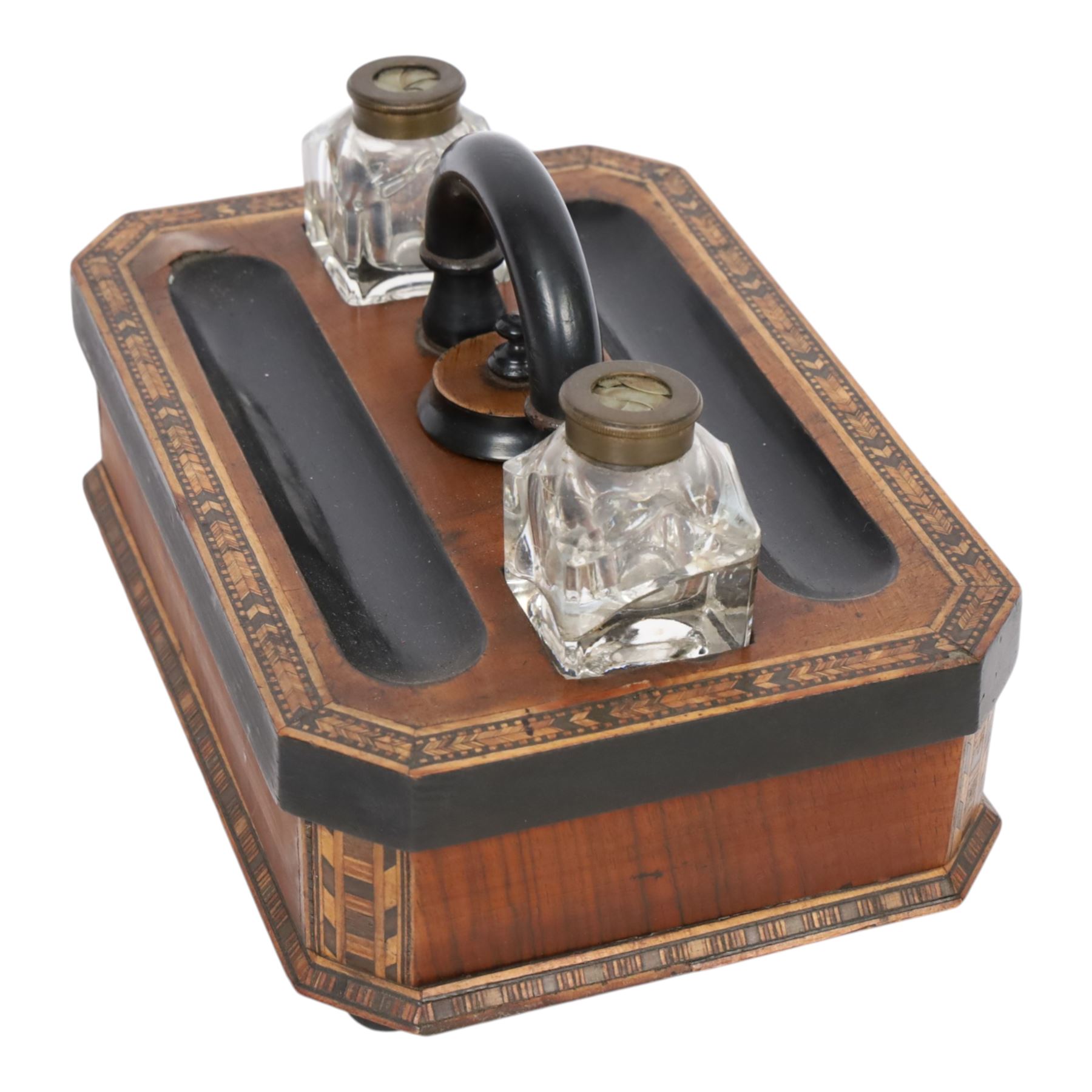 Tunbridge desk stand, with ebonised handle, twin inkwells with Thomas Morton 'The Maze' closing lids, with draw to the front 