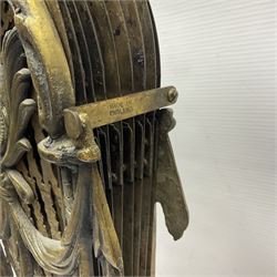 Pierced brass peacock style folding fire screen, with urn finial, H65.5cm