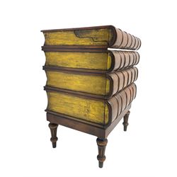 Writing desk in the form of four leather bound books, the hinged and sliding top with leather inset, fitted with three drawers, on turned and fluted supports