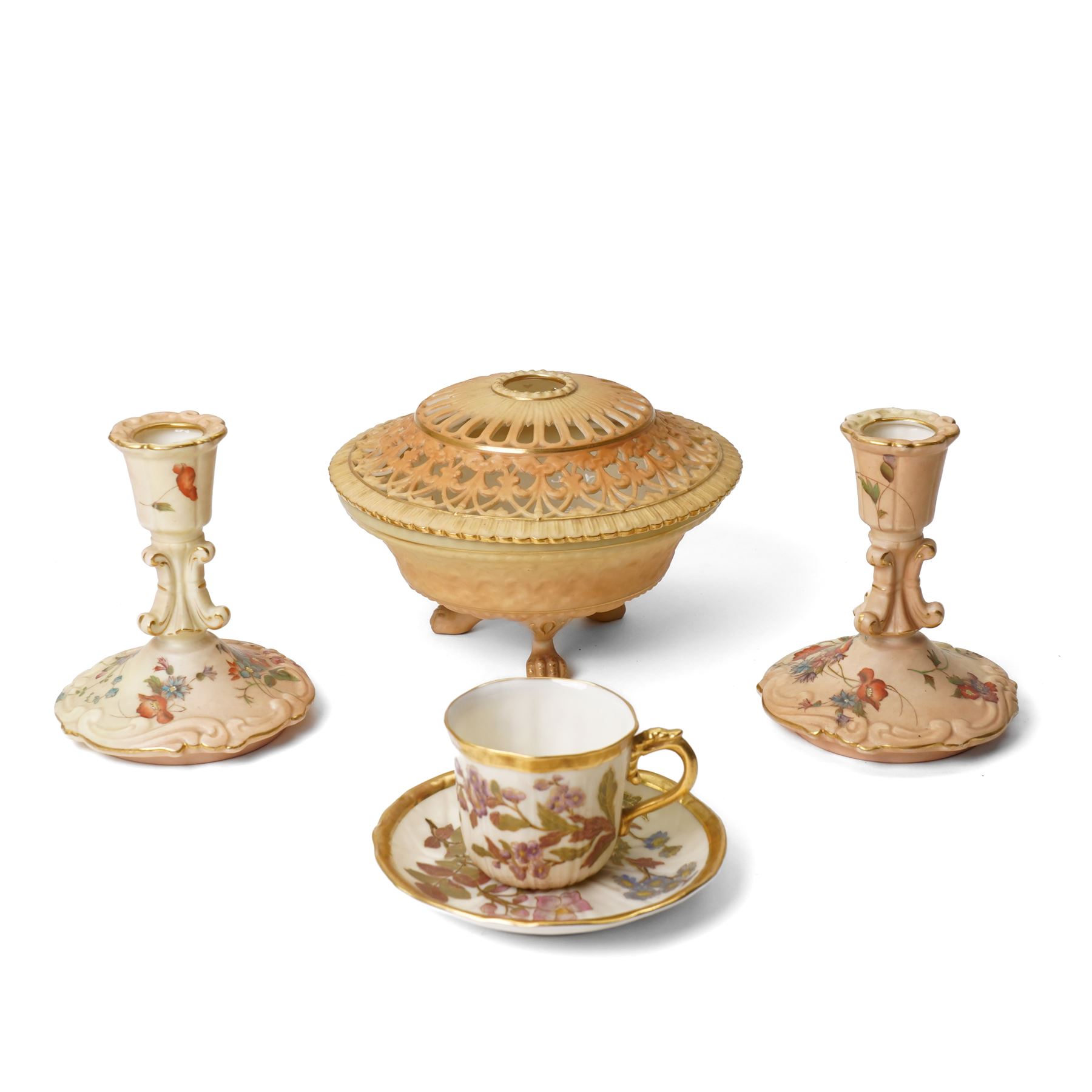 Collection of Worcester blush ivory, including a pot pourri and a pair of candlesticks by George Grainger & Co, with brown and green stamps to bases, together with a teacup and saucer with marks in puce, candlesticks H12cm 