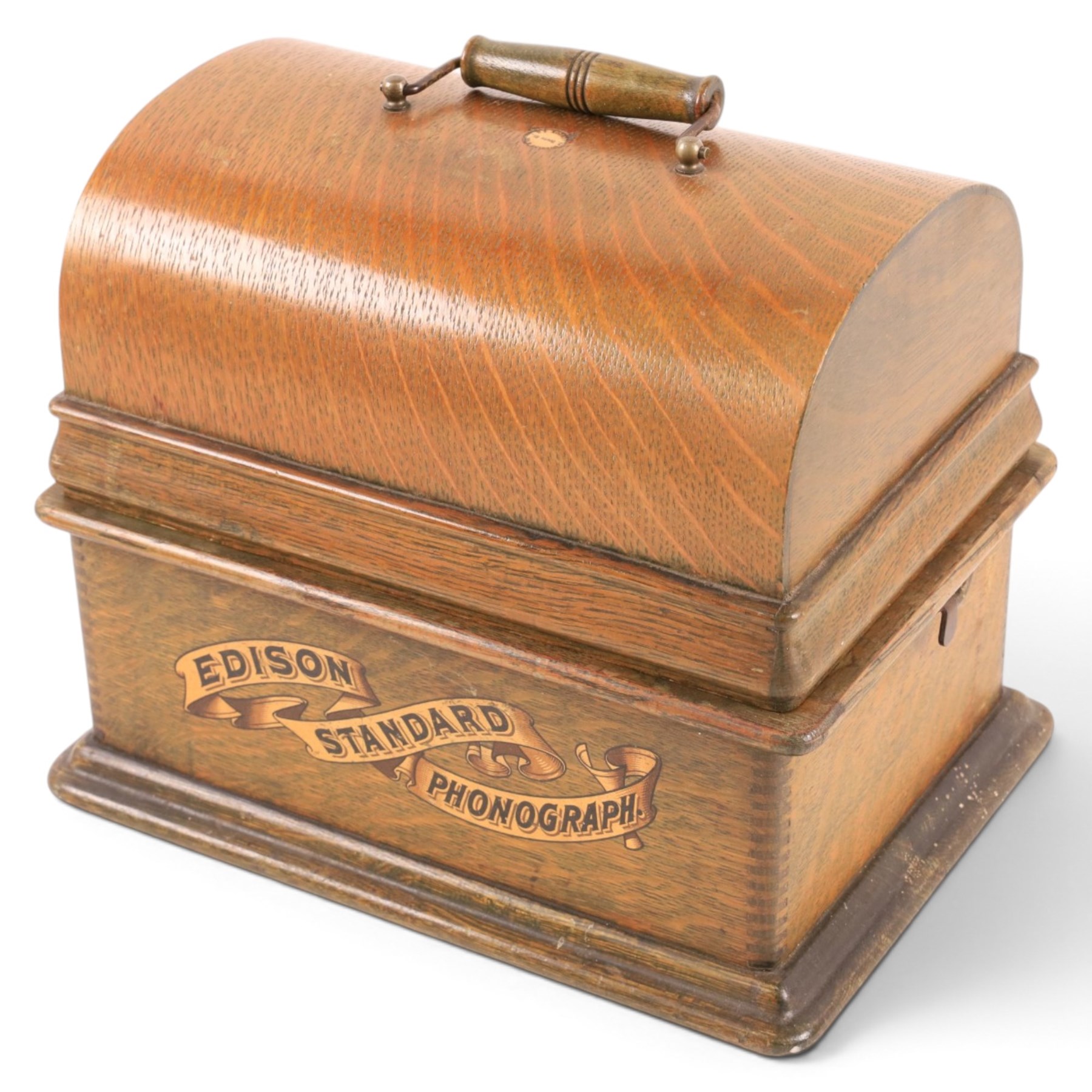 Early 20th century Edison Standard phonograph, in oak case, serial number S179930, together with a large brass phonograph horn and a collection of wax cylinders
