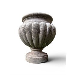 Small marble campana pedestal urn, fluted lobes raised on circular pedestal foot