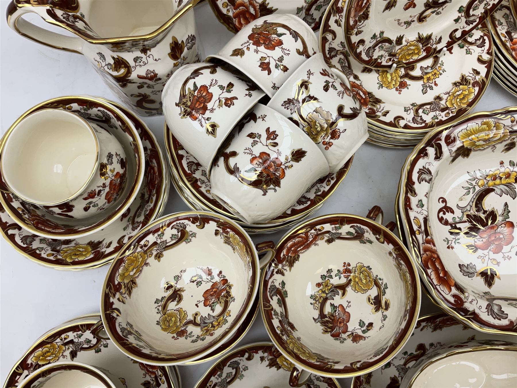 Masons Brown Velvet pattern tea and dinner wears, to include eight dinner plates, eight twin handled soup bowls and saucers, eight tea cups and saucers, cheese cover and plate, jug, meat platter etc (84)  