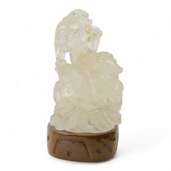Chinses quartz carved figure group, modelled as three temple lions around a ball, upon an oval base, H20cm