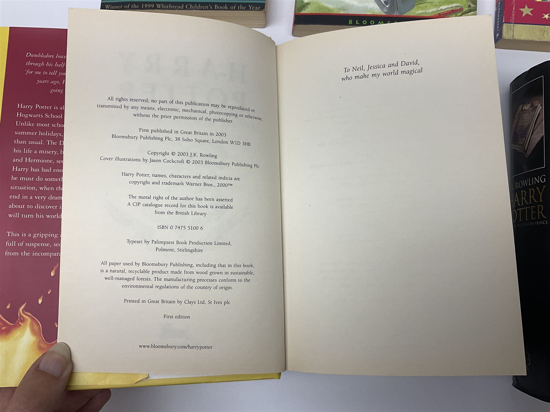 Harry Potter and the Half-Blood Prince hardback first edition, with printing error on page 99, together with Harry Potter and the Order of the Phoenix hardback first edition and four Harry Potter paperback books