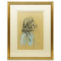 Harold Francis Riley (British 1934-2023): Lady in a Blue Scarf, pastel signed and dated '73, 44cm x 31cm