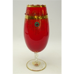 Venetian ruby glass footed vase with gilded bands and scroll work, applied glass beads on clear twisted glass stem, H36cm   
