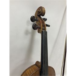 Early 20th century full size violin in a hard case with bow, ebonised fittings and fingerboard, bridge and tailpiece length 60cm
