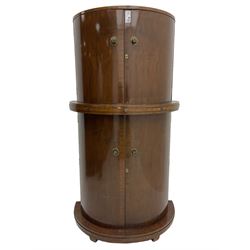 1930s Art Deco walnut demi-lune cocktail cabinet, enclosed by four curved doors, the upper section with mirrored interior, glass shelf and glass holders, the lower section fitted with shelves and bottle holders