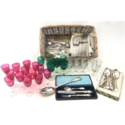  Selection of late Victorian and later cranberry and green glass wine glasses on clear glass stems, Turk's Head Scarborough silver-plated spoons and forks, Victorian silver-plate basting spoon, silver-plated beaded pattern spoons and forks and other glass and assorted plate   