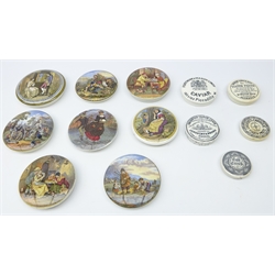  Eight 19th century Prattware pot lids 'I See You My Boy', 'A Pair', 'The Best Card', 'The Listner' etc and other lids including Oriental Toothpaste, Caviar etc (13)  