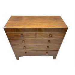 19th century straight-front chest, rectangular top with ebony strung edge, crossbanded frieze over two short and three long graduating drawers with ebony stringing, raised on bracket feet