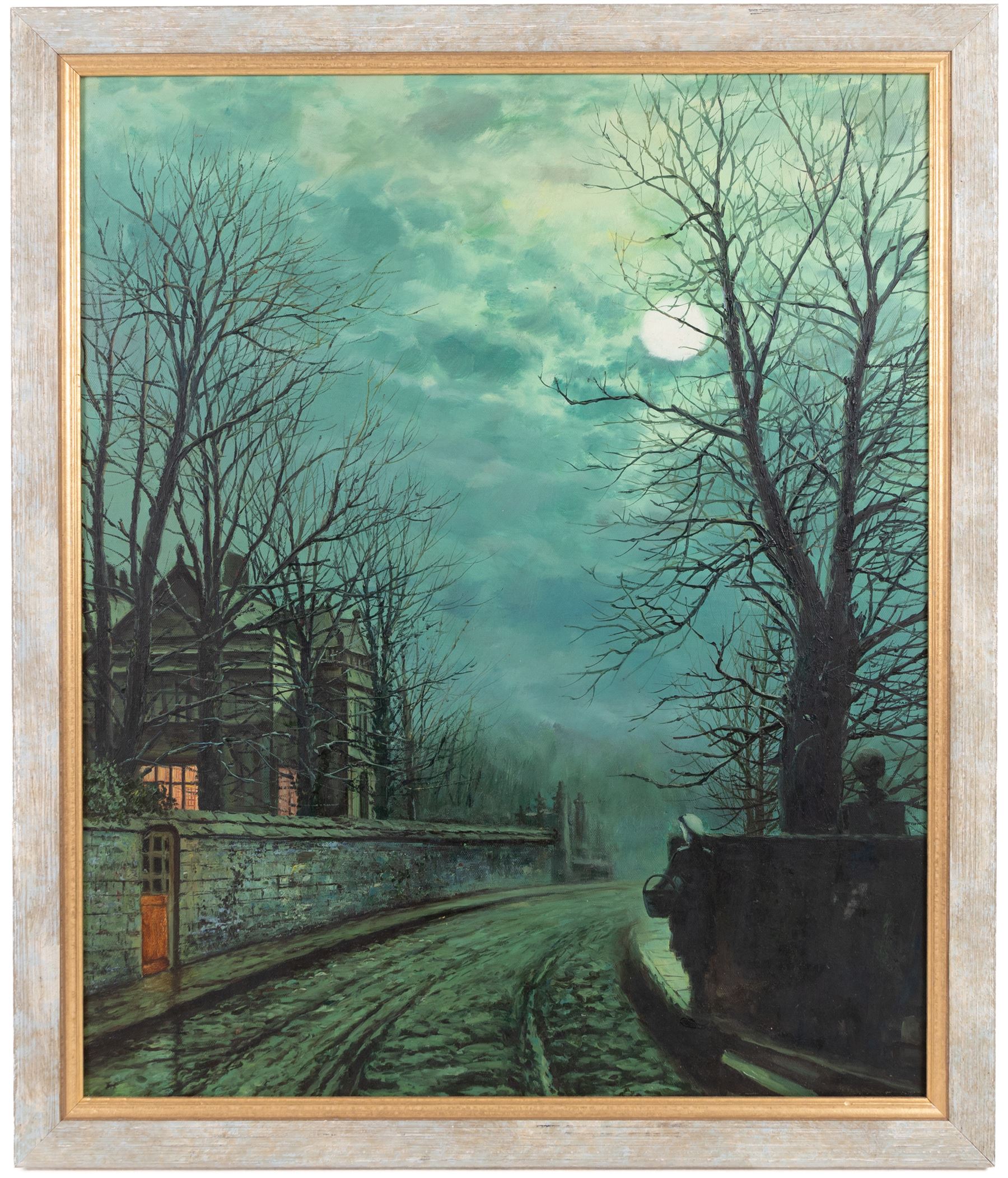 Manner of John Atkinson Grimshaw (British 1836-1893): Moonlight Winter Scene Headingly Lane Leeds, oil on board unsigned 60cm x 50cm
