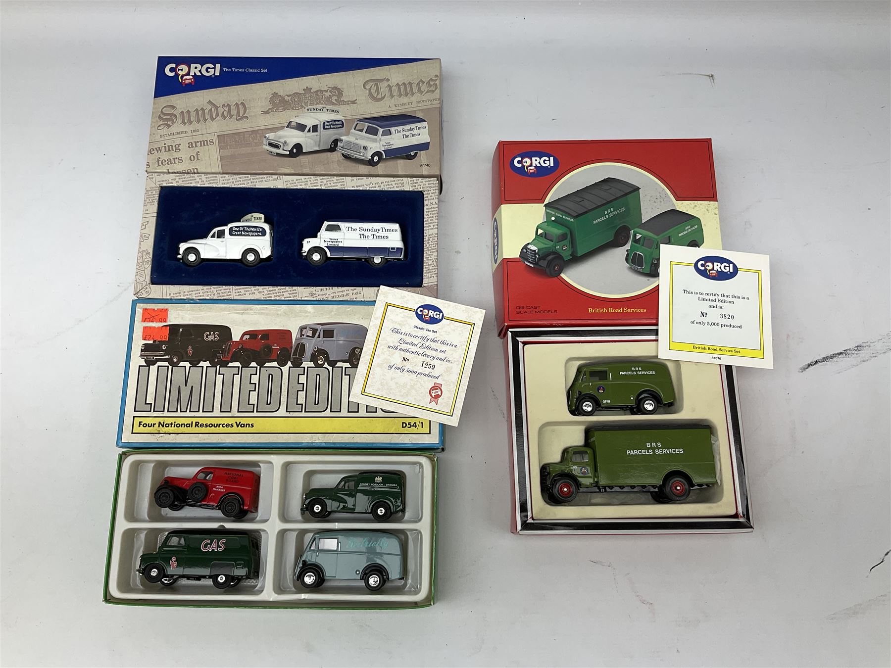 Corgi - eight die-cast model sets comprising D54/1 Four National Resources Vans; 97740 The Times Classic Set; D47/1 The Bash Street Kids; America's York Fair 225 Years; 97701 Two Jaguar E-Types; 97200 BRS Vans; 97690 Ferrari 1962 Tourist Trophy Set; and 97705 Jaguar 1953 RAC Rally Set; most limited editions; all boxed (8)