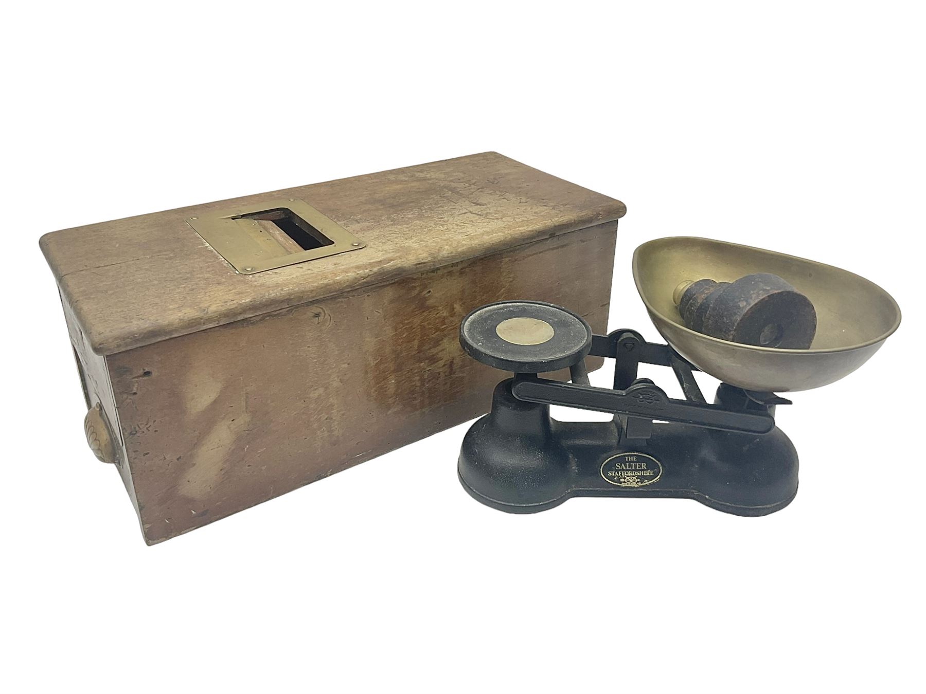 Wooden Gledhill till with paper labels to interior and a set of Salter scales with weights, till H17cm