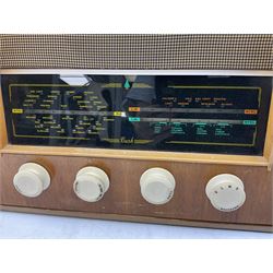 1950s Bush AC41 mahogany cased valve radio, 1930s Philips 588A with walnut veneer case, and 1940s Cossor Model 77, tallest H47cm W36cm D24cm