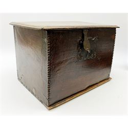 18th century oak boarded box, with rectangular moulded hinged lid, iron lock, and incised decoration, H25cm W37cm D26cm