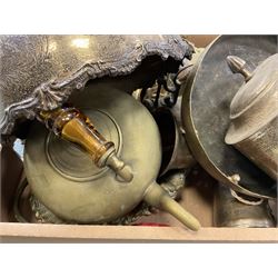 Collection of metalware, to include kettle of ovoid form raised on four legs with amber coloured handle, stamped JCB to base, tea caddy, footed punch bowl etc, one box 