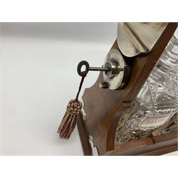 Edwardian silver plate mounted oak tantalus, containing three square sided cut glass decanters, complete with key, H33cm